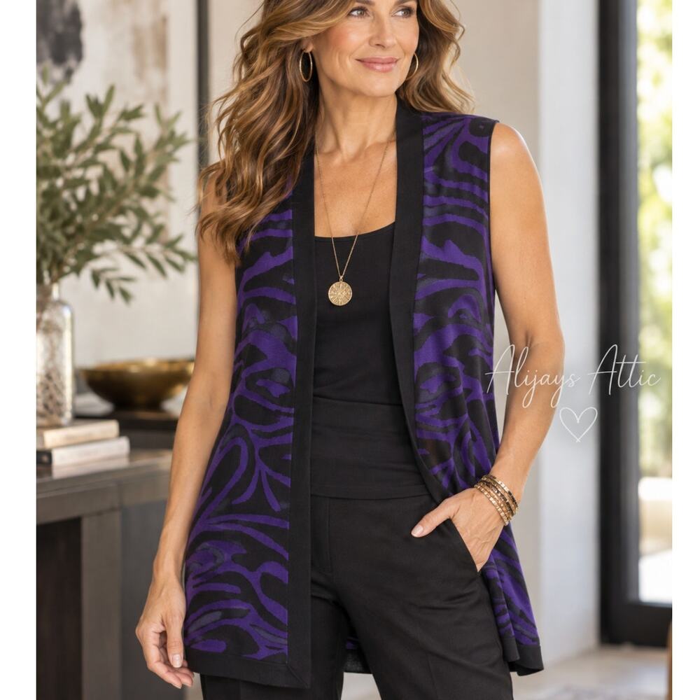 Chico's Silk Blend Zebra Sweater Vest Purple Black Open Front Size 2 (L) Artsy